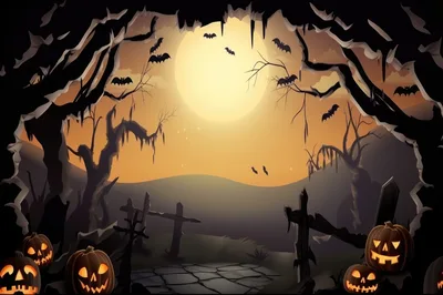 Spooky Halloween Graveyard Scene With Glowing Jack O Lanterns