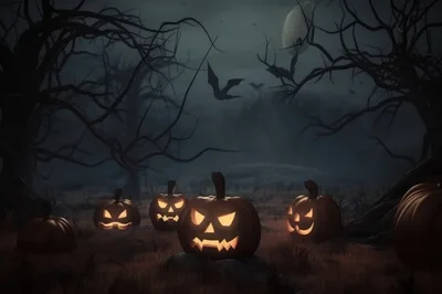 Glowing Jack O Lanterns In A Spooky Forest