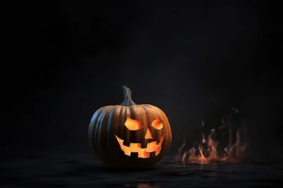 Glowing Jack O Lantern Pumpkin In Dark Foggy Setting