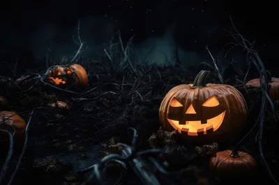 Glowing Jack O Lanterns In A Dark Spooky Forest