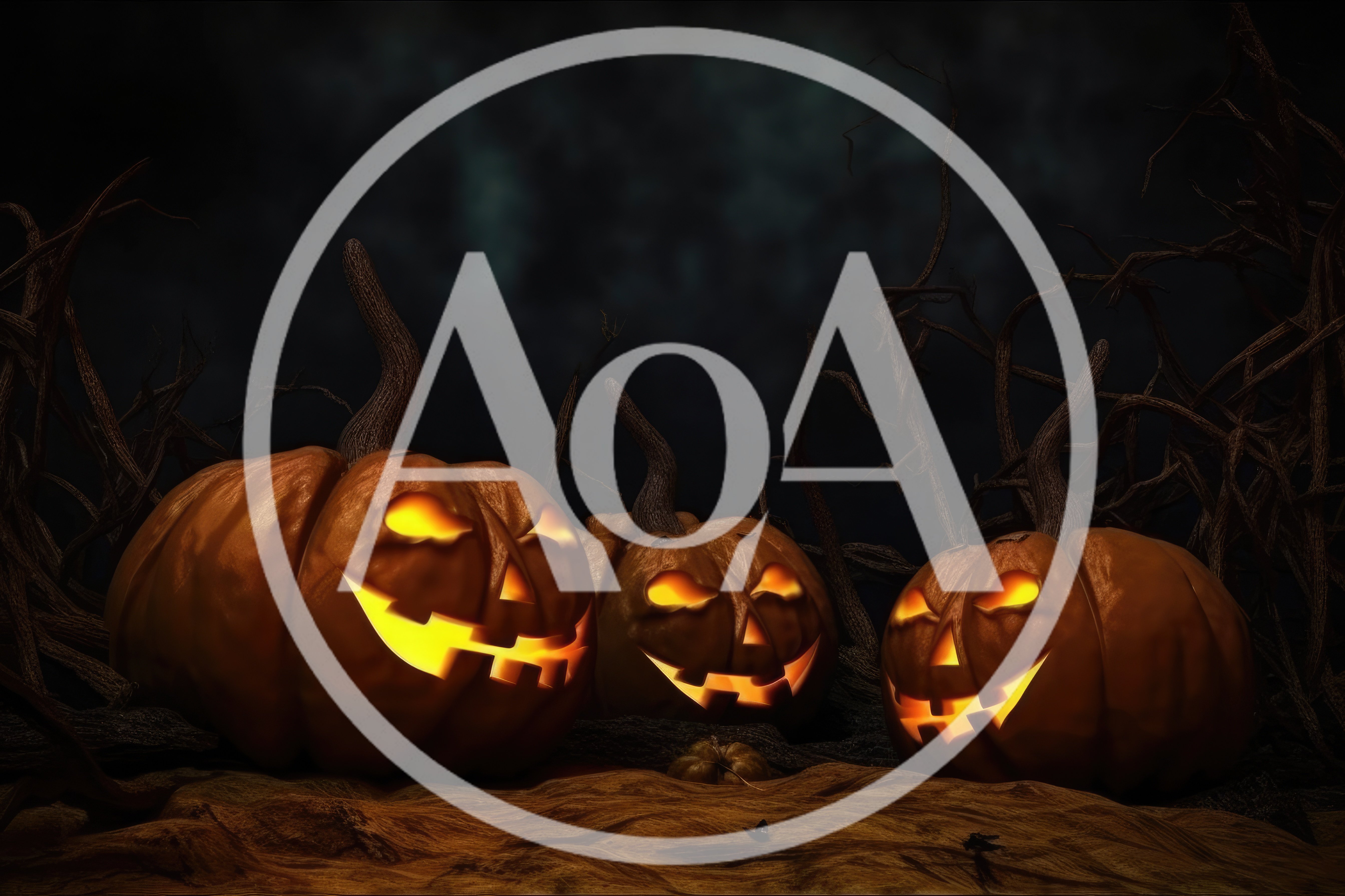Three Glowing Jack O Lanterns In Dark Forest