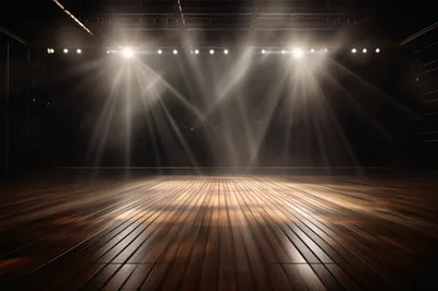 Empty Wooden Stage With Dramatic Spotlight Beams