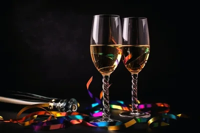Two Champagne Flutes With Colorful Party Streamers