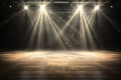 Empty Wooden Stage With Dramatic Spotlight Beams