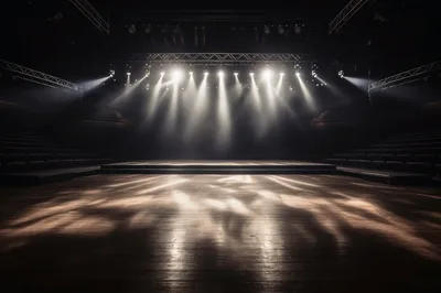 Empty Stage With Dramatic Spotlight Beams In Theater