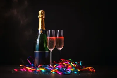 Champagne Bottle And Two Flutes With Colorful Party Ribbons