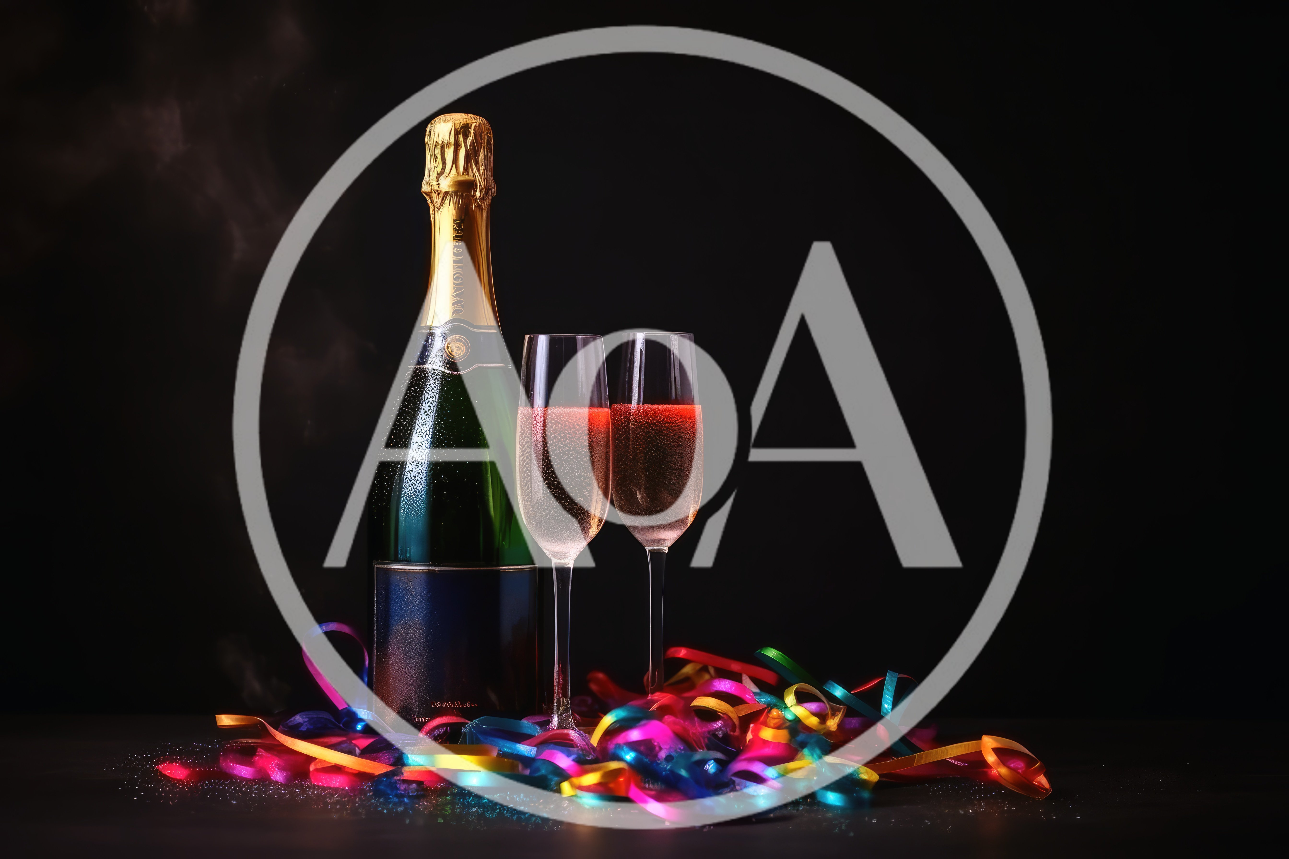 Champagne Bottle And Two Flutes With Colorful Party Ribbons