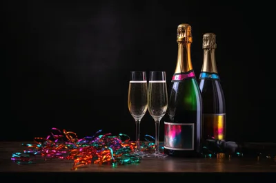 Champagne Bottles and Flutes with Colorful Party Confetti