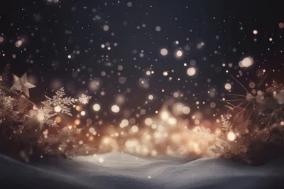 Festive Winter Background With Snow And Golden Bokeh Lights
