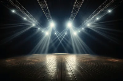 Empty Stage With Wooden Floor And Overhead Lighting Trusses