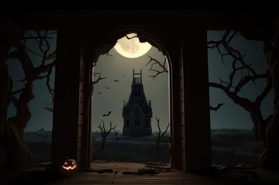 Spooky Haunted House Silhouette Under Full Moon
