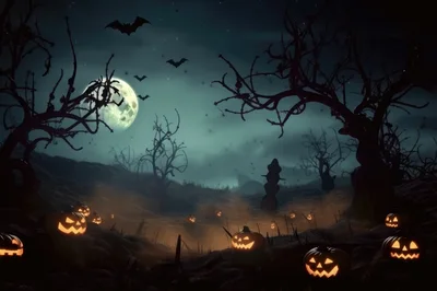 Spooky Halloween Landscape With Glowing Jack O Lanterns