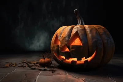Glowing Jack O Lantern Pumpkin On Stone Floor