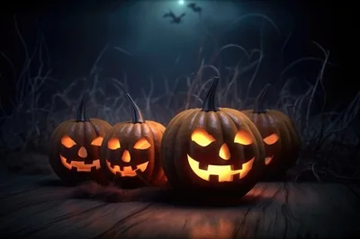 Four Glowing Jack O Lanterns On Wooden Surface