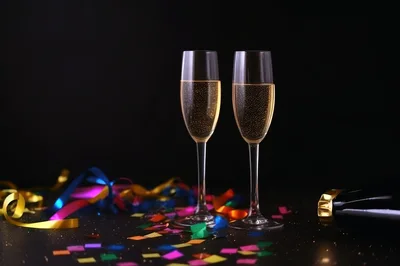 Two Champagne Flutes With Confetti And Ribbons
