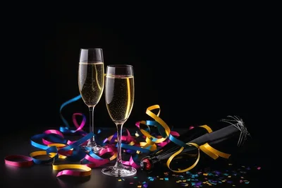 Two Champagne Flutes With Ribbons And Bottle