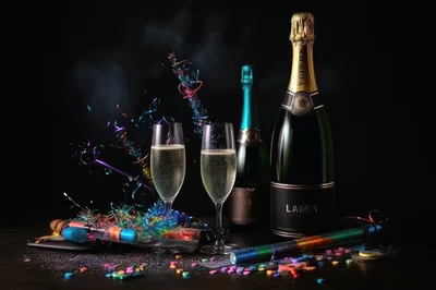 Celebratory Champagne Bottles And Flutes With Party Confetti