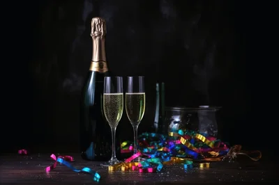 Champagne Bottle and Two Flutes with Party Streamers