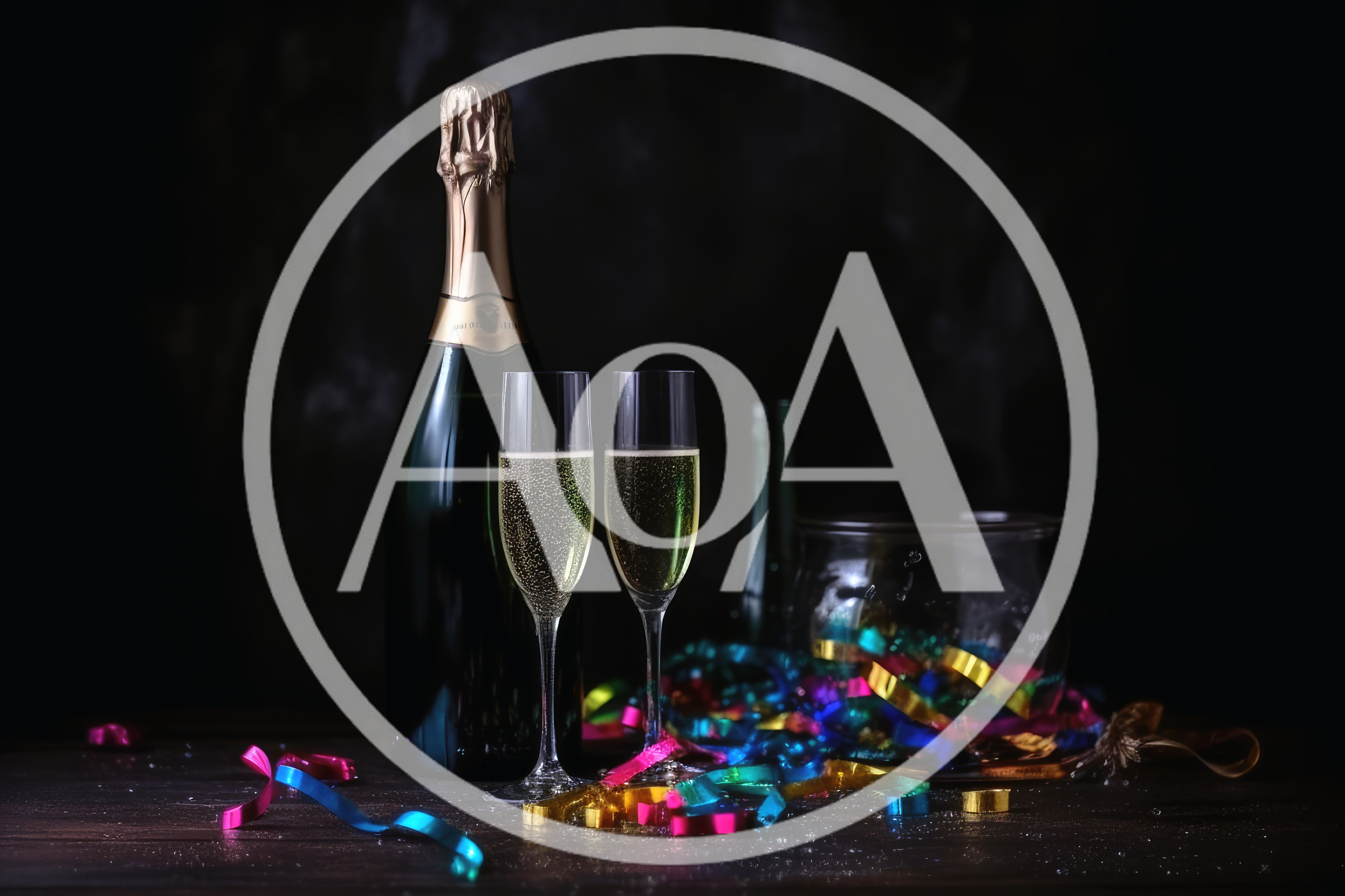 Champagne Bottle and Two Flutes with Party Streamers