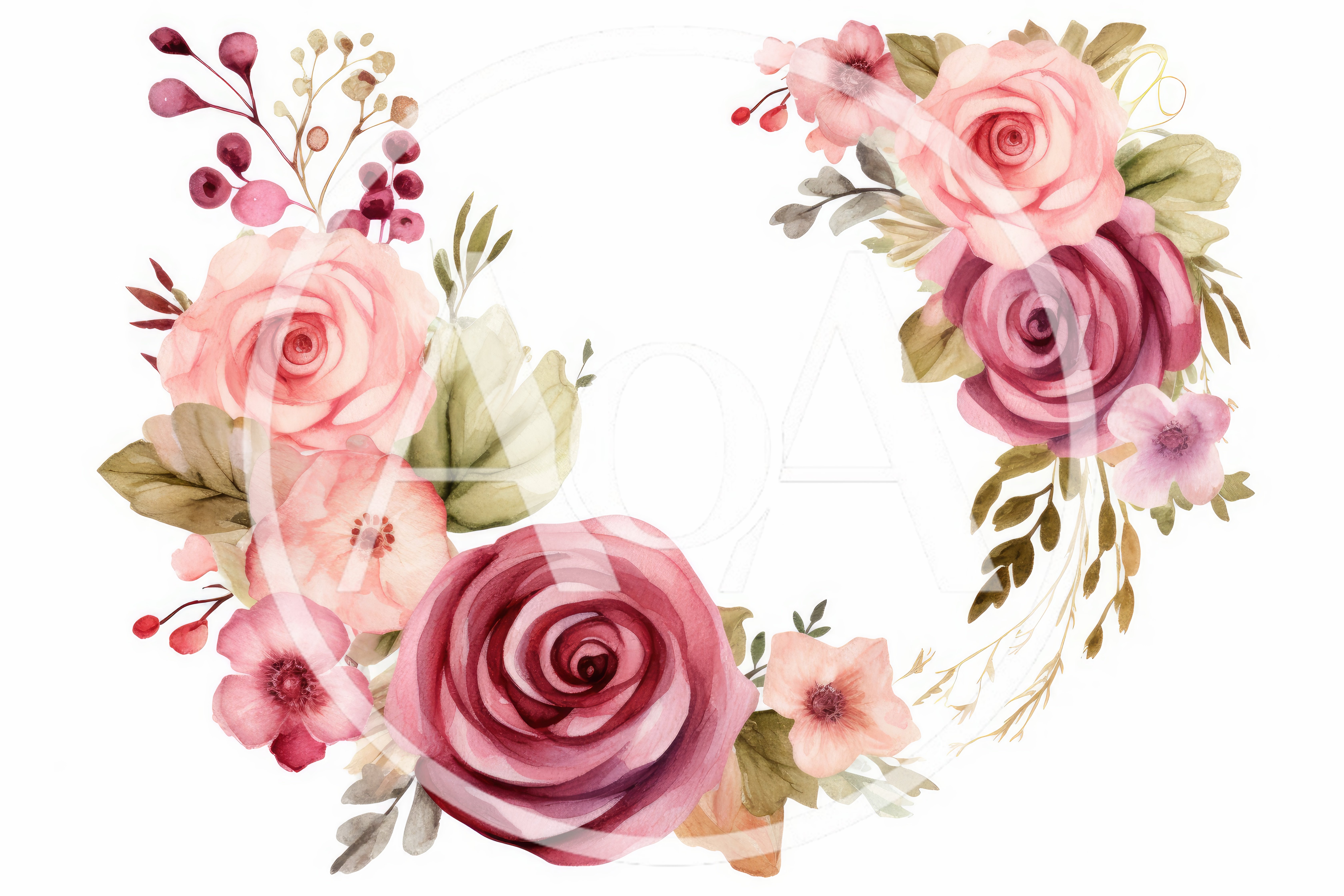 Watercolor Floral Wreath With Pink And Burgundy Roses