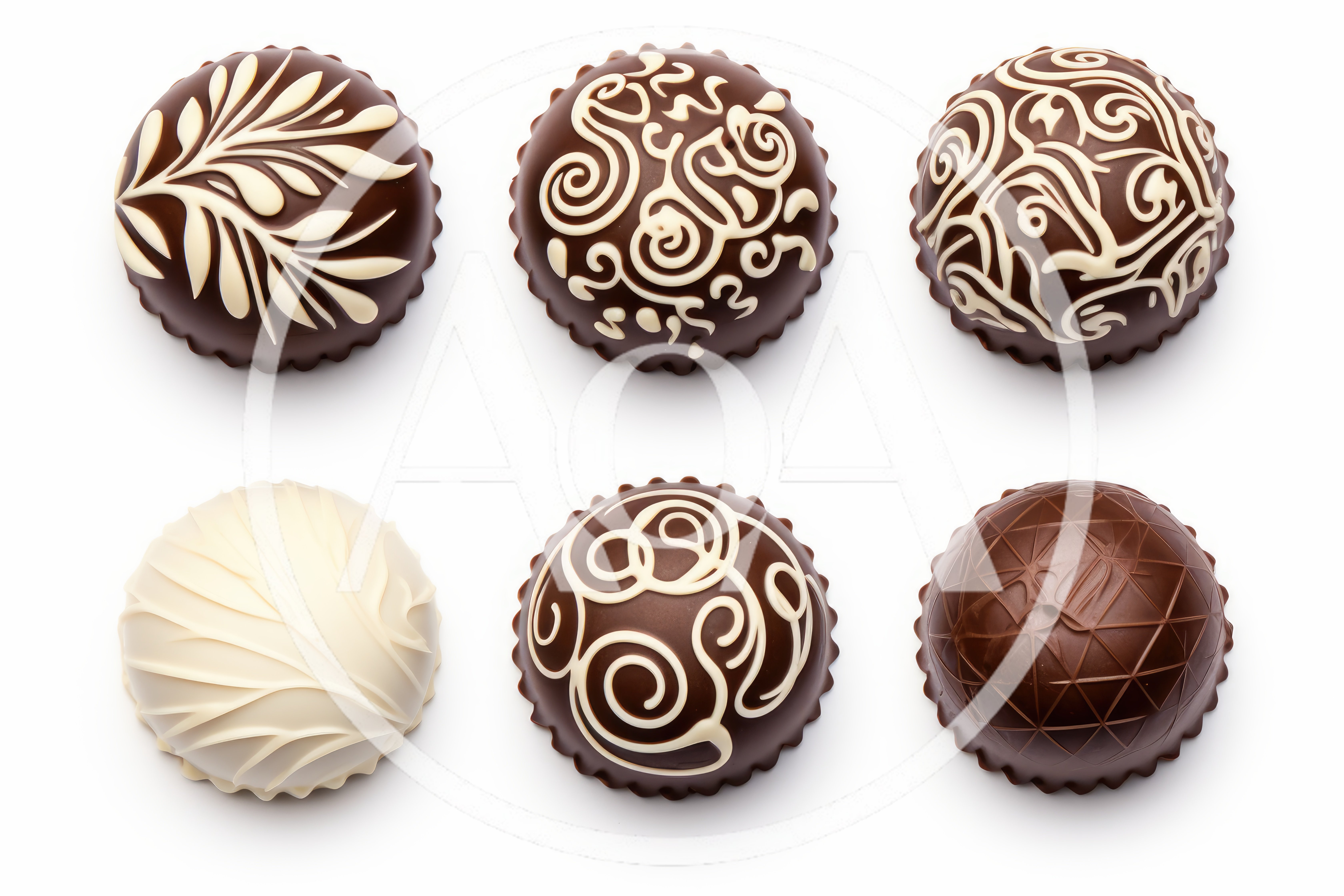 Six Gourmet Chocolate Truffles With Decorative Patterns