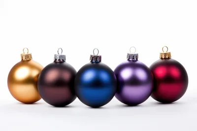 Five Colorful Matte Christmas Ornaments In A Row