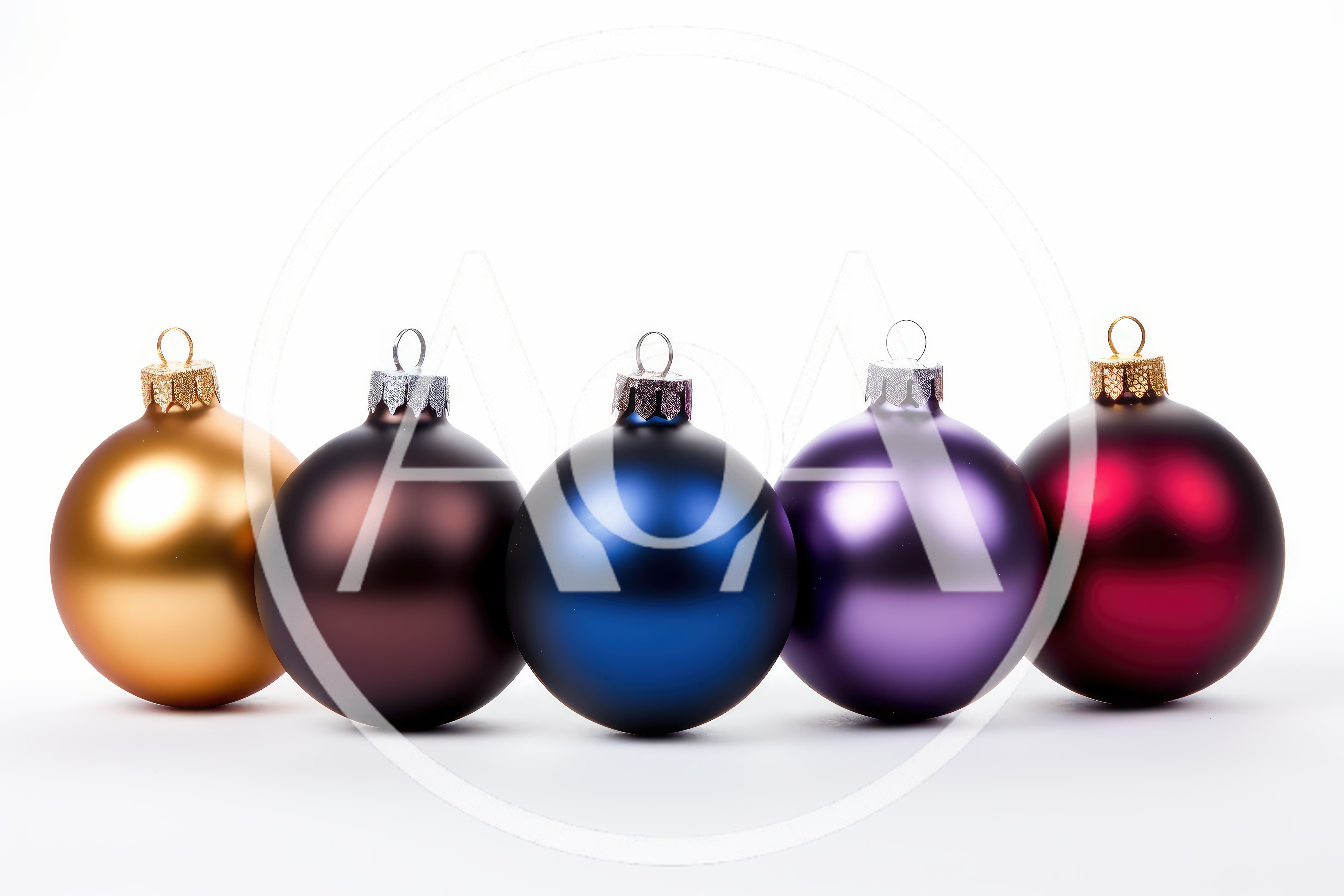 Five Colorful Matte Christmas Ornaments In A Row