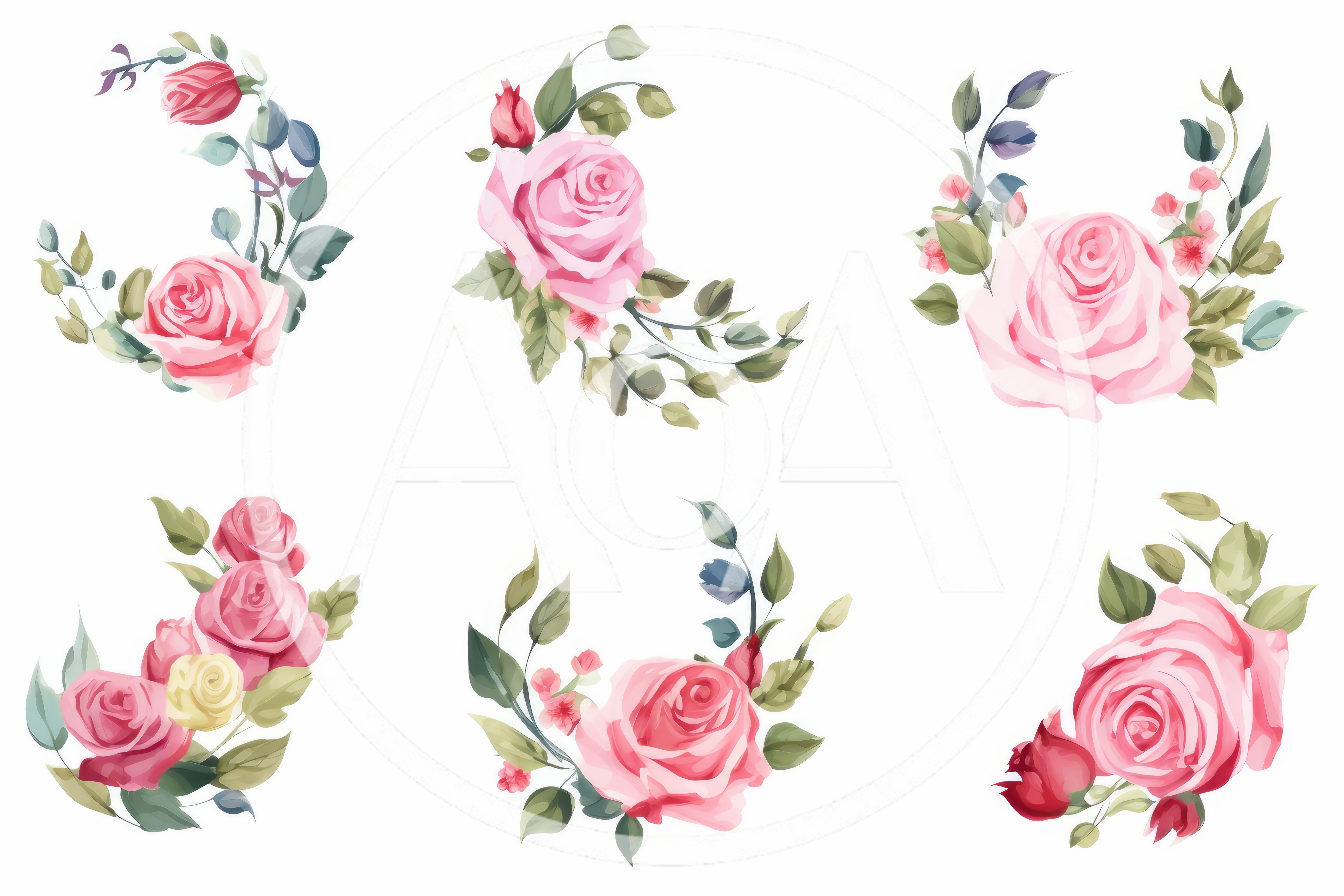 Set Of Watercolor Pink Rose Floral Arrangements
