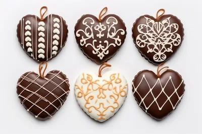 Six Decorative Heart Shaped Chocolate Cookies
