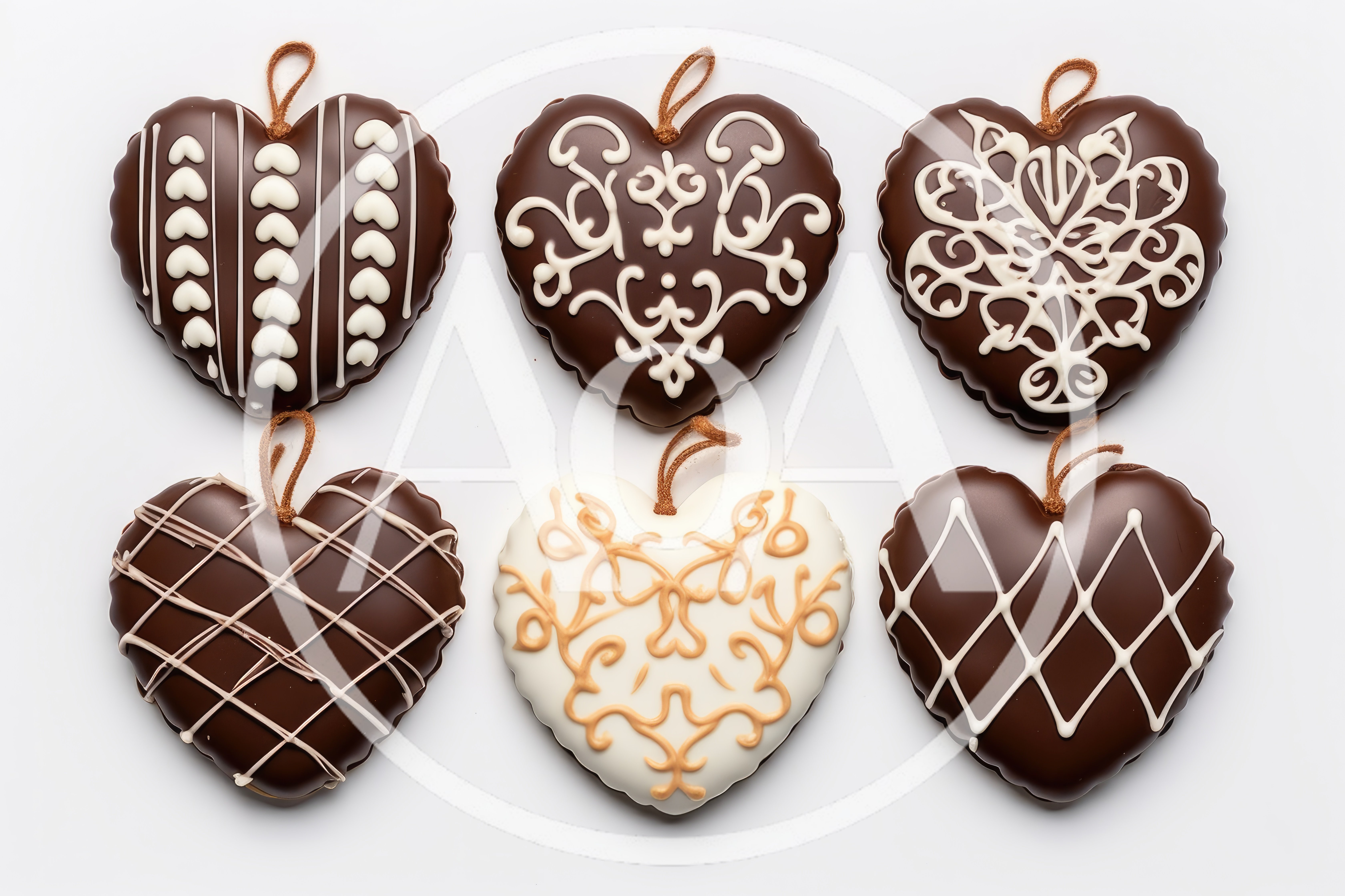Six Decorative Heart Shaped Chocolate Cookies
