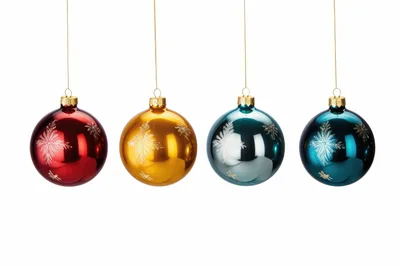 Four Hanging Christmas Ornaments In Red Gold And Blue