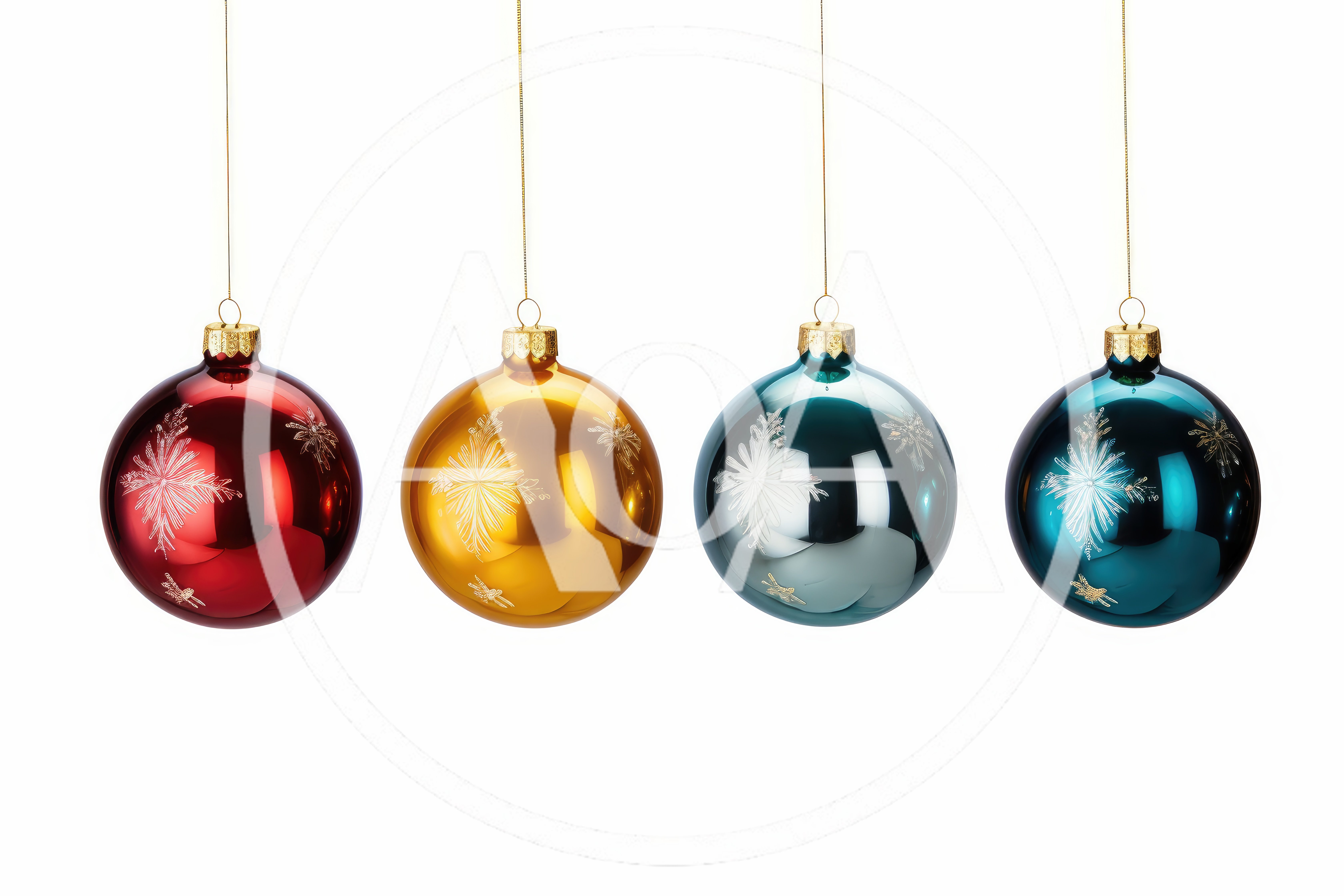 Four Hanging Christmas Ornaments In Red Gold And Blue