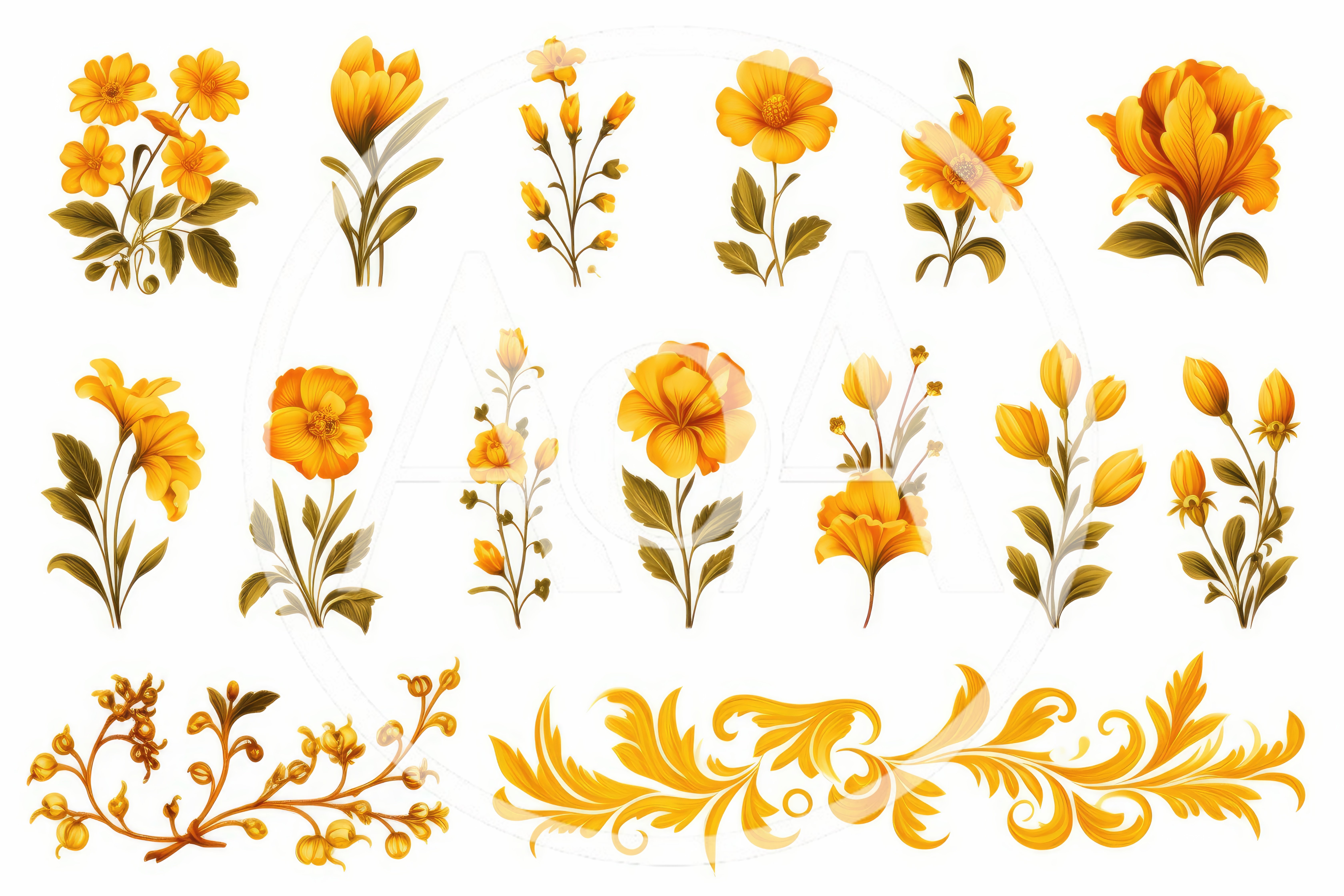 Set of Golden Yellow Floral Illustrations and Ornaments