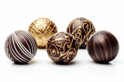 Five Decorative Chocolate Truffle Spheres On White Background