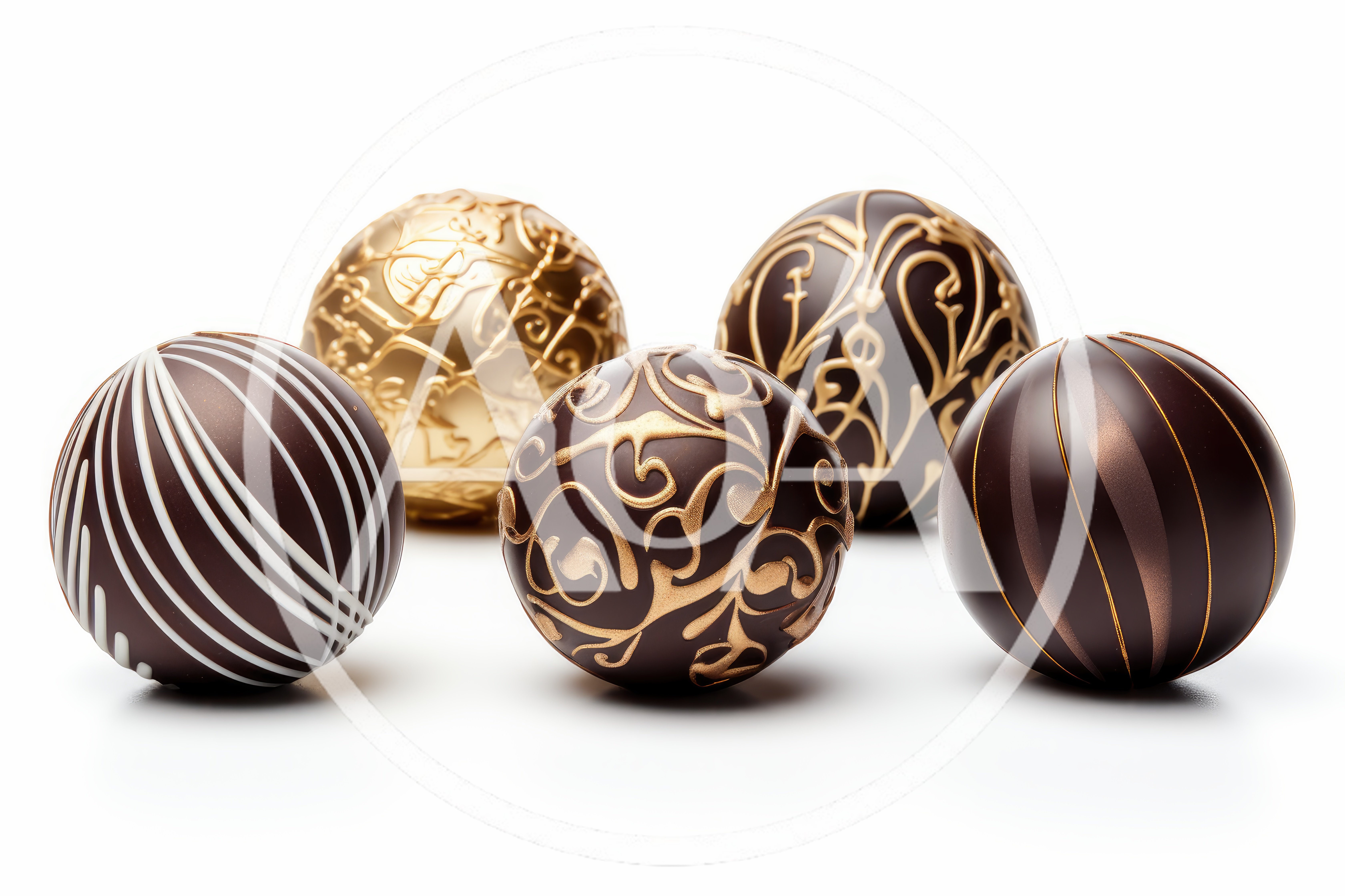 Five Decorative Chocolate Truffle Spheres On White Background