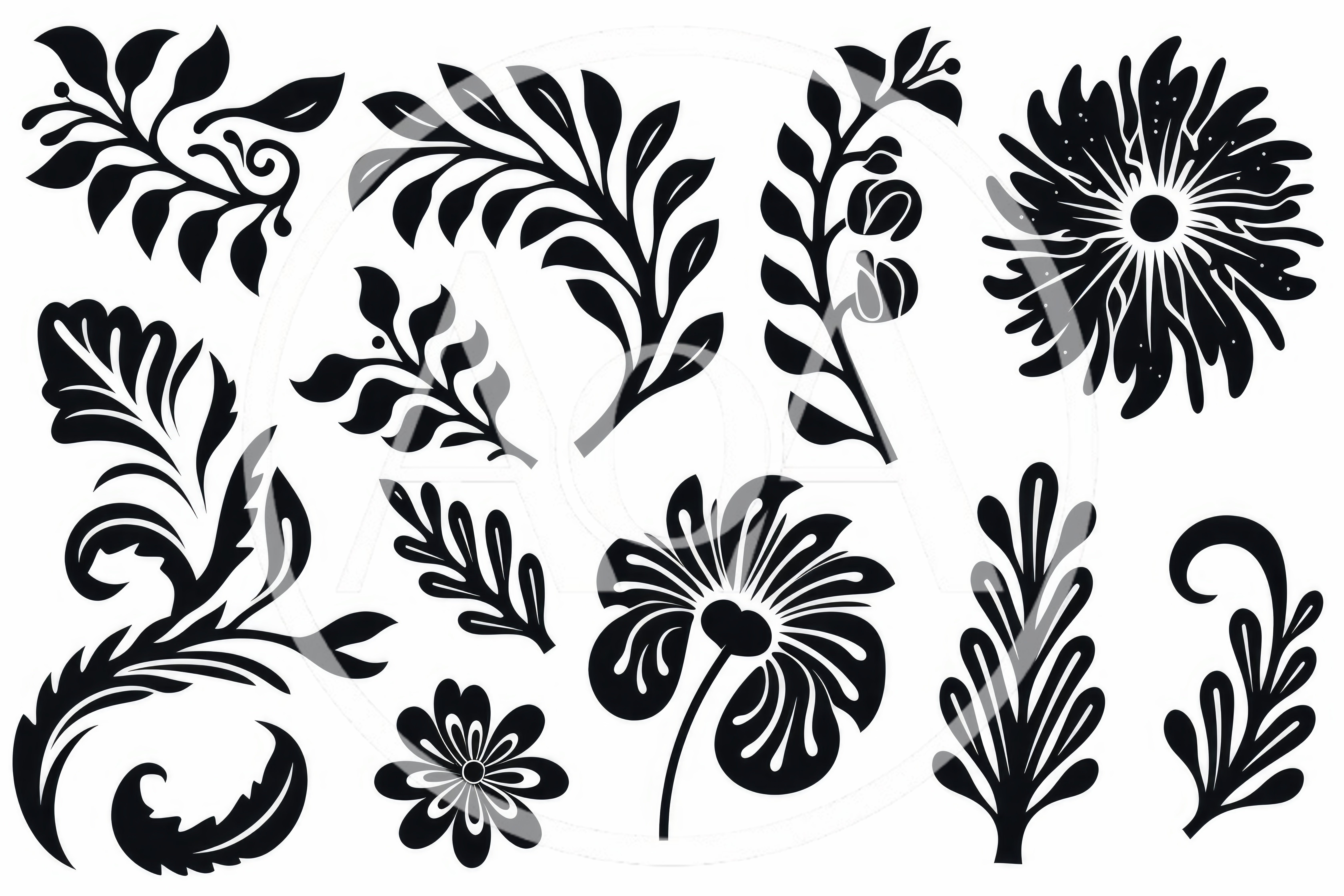 Set of Black Floral and Botanical Silhouette Elements