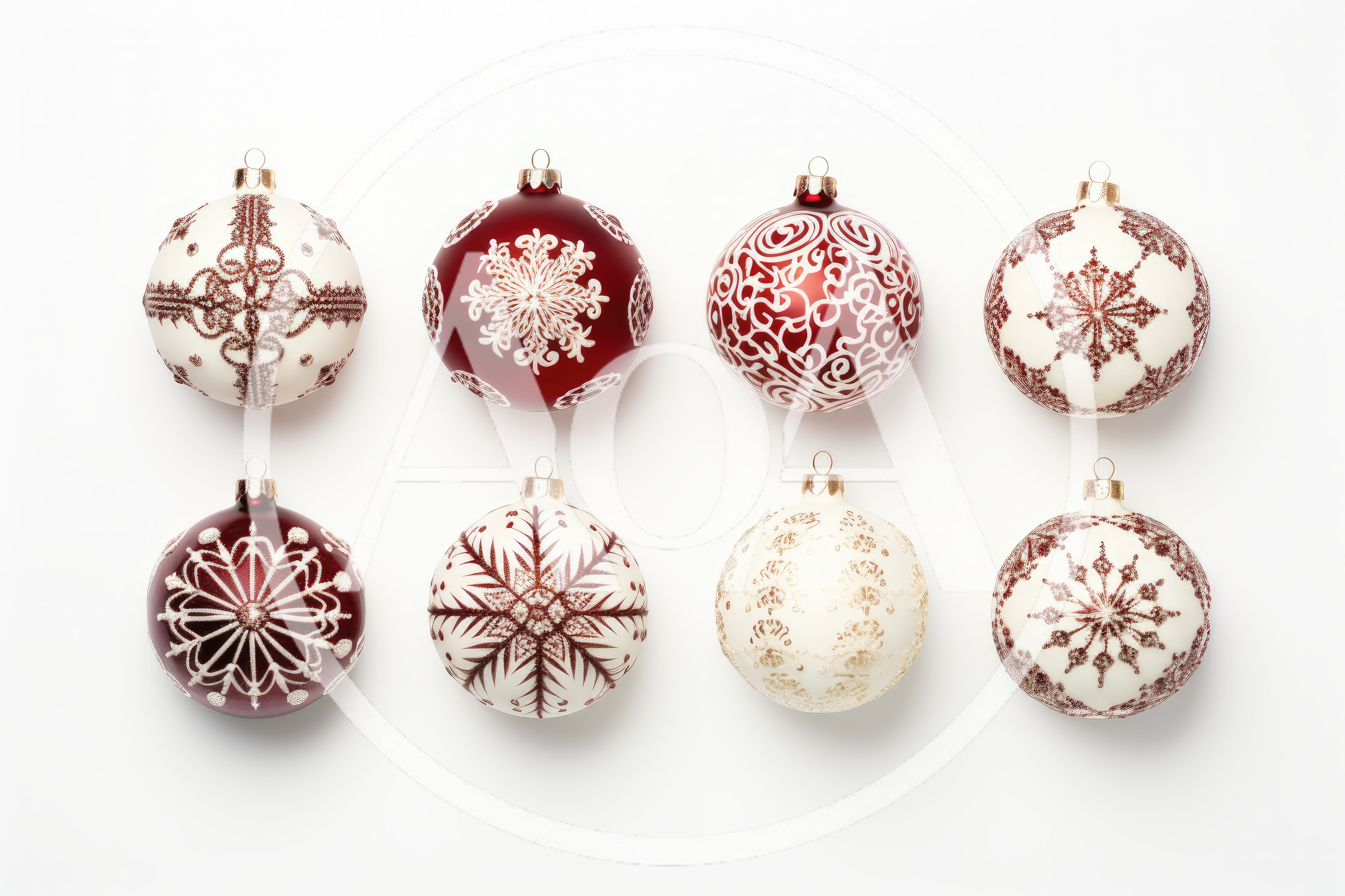 Set Of Eight Decorative Christmas Ornaments On White