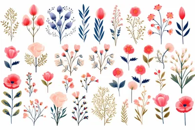 Set of Hand Drawn Floral Elements and Botanical Illustrations