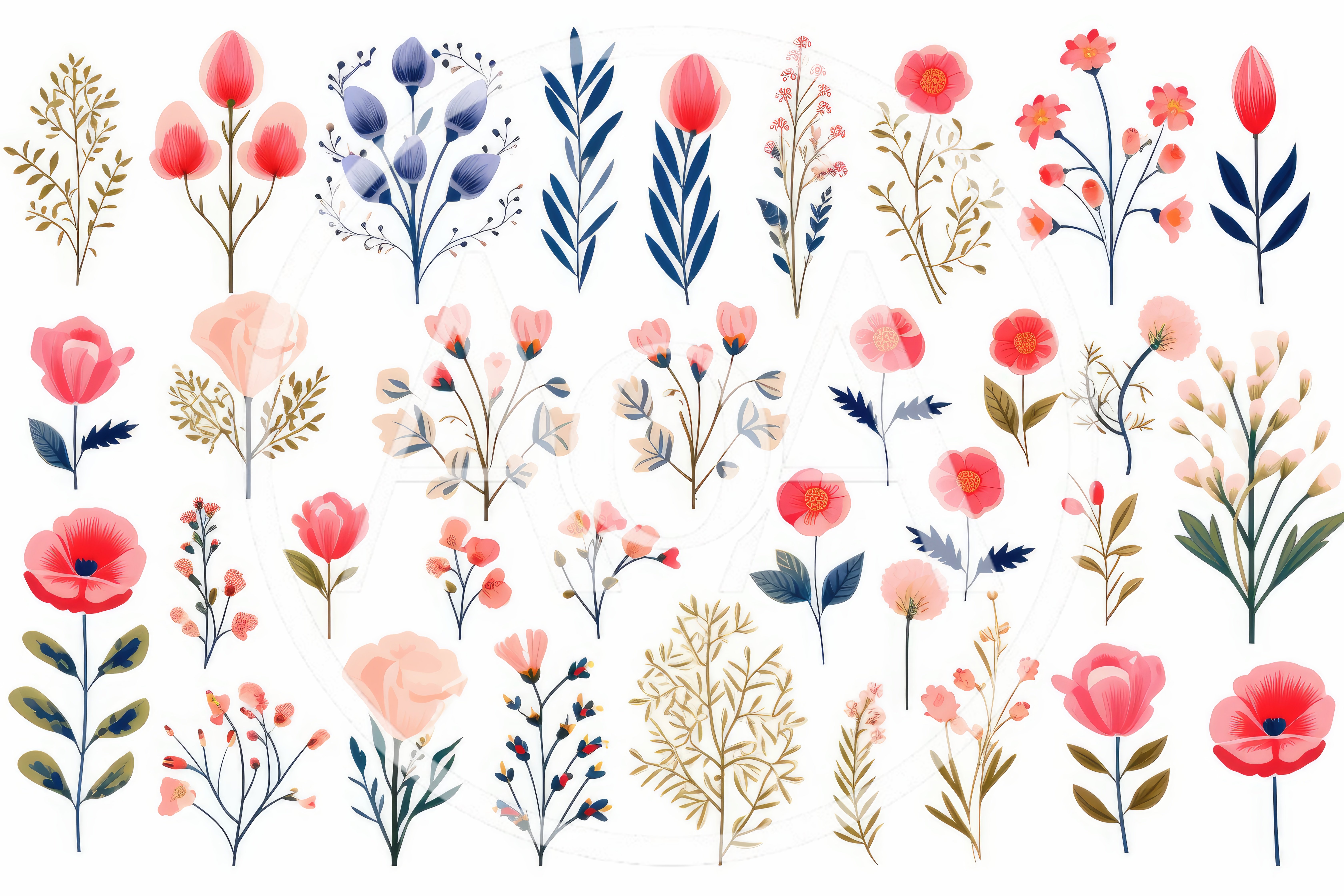 Set of Hand Drawn Floral Elements and Botanical Illustrations