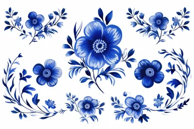 Blue Floral Gzhel Style Watercolor Illustration Set