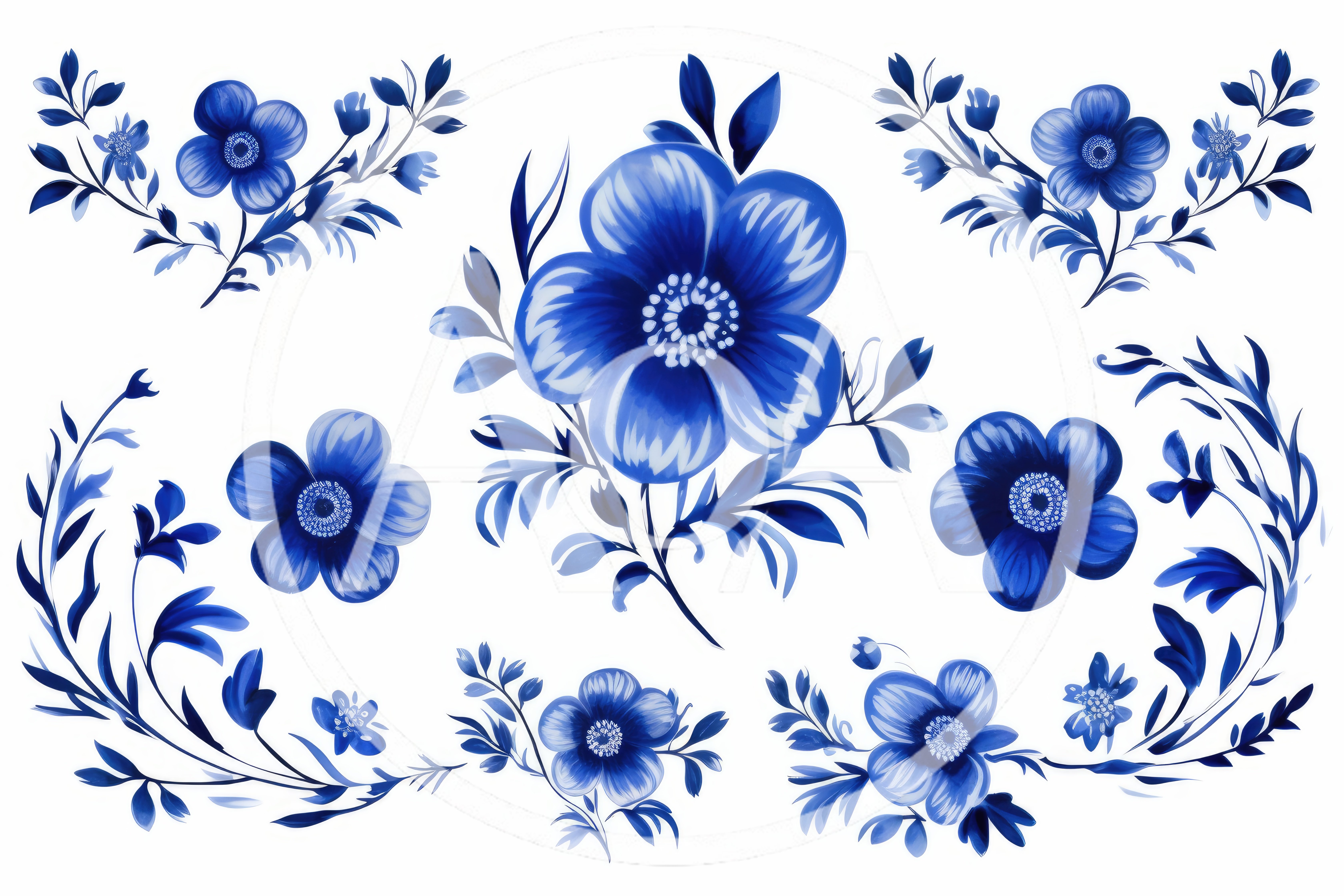 Blue Floral Gzhel Style Watercolor Illustration Set