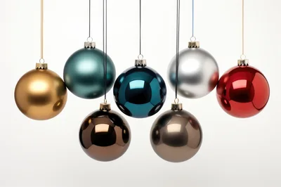 Set of Colorful Christmas Ornaments Hanging Against White Background