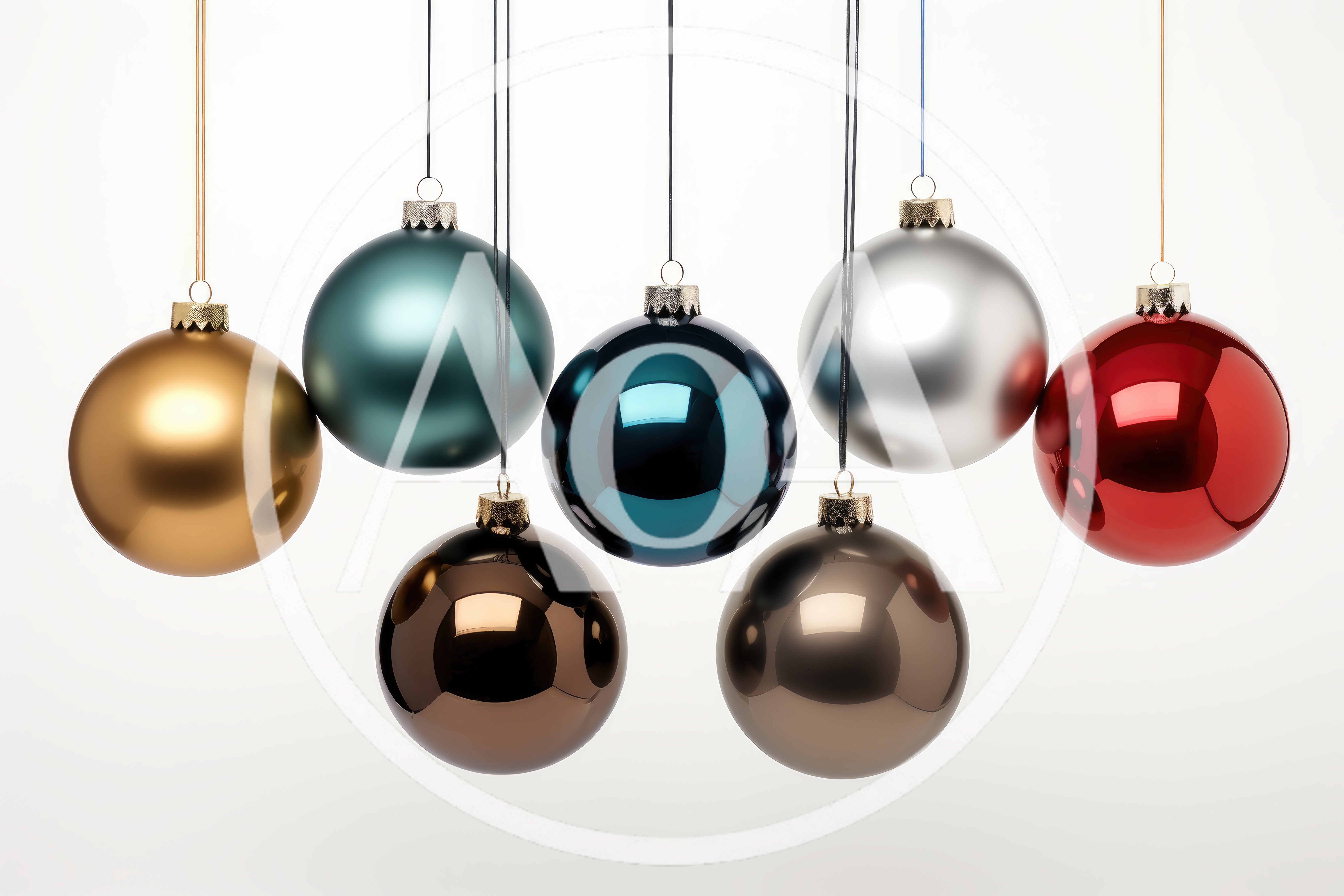 Set of Colorful Christmas Ornaments Hanging Against White Background