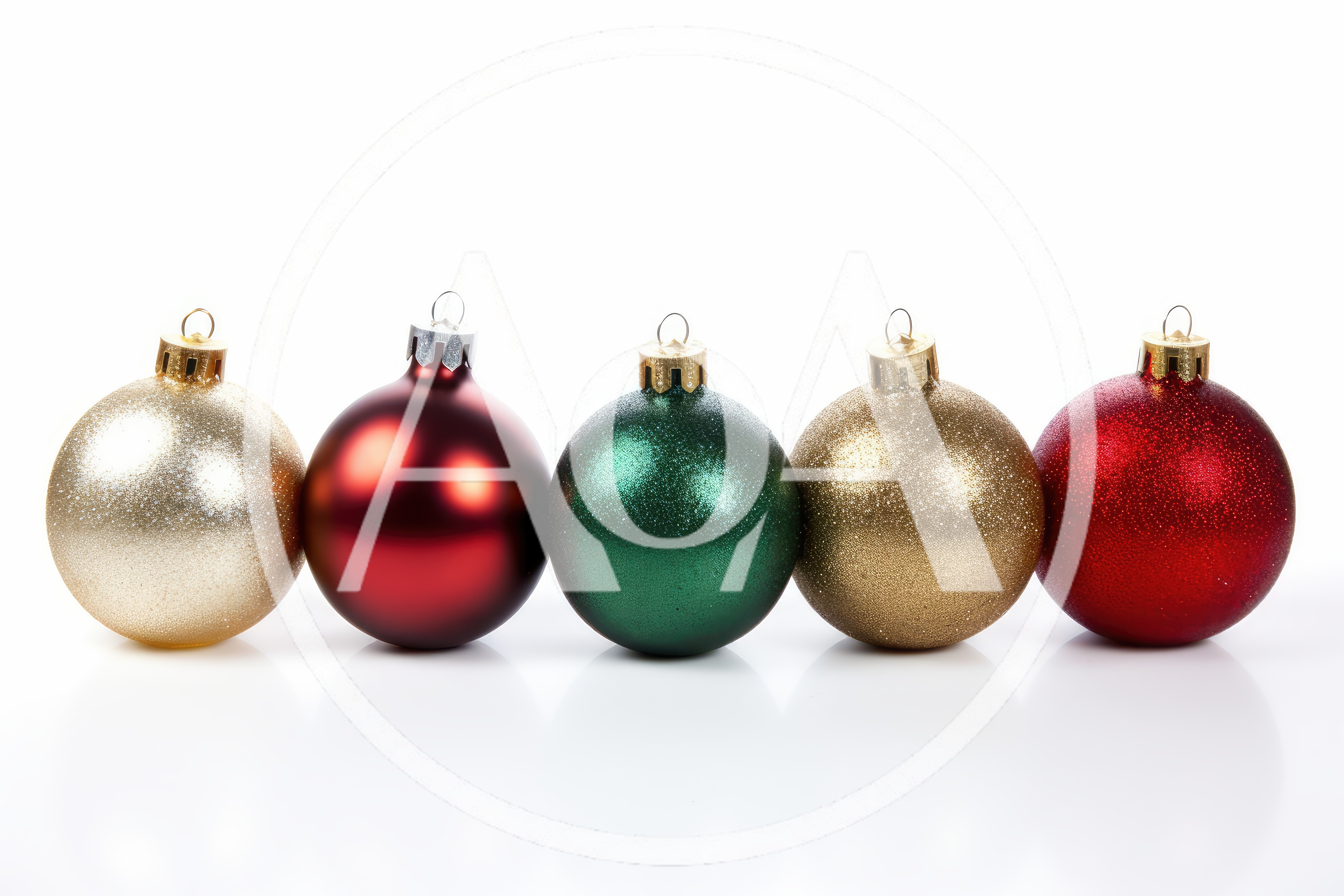 Five Colorful Christmas Ornaments In A Row
