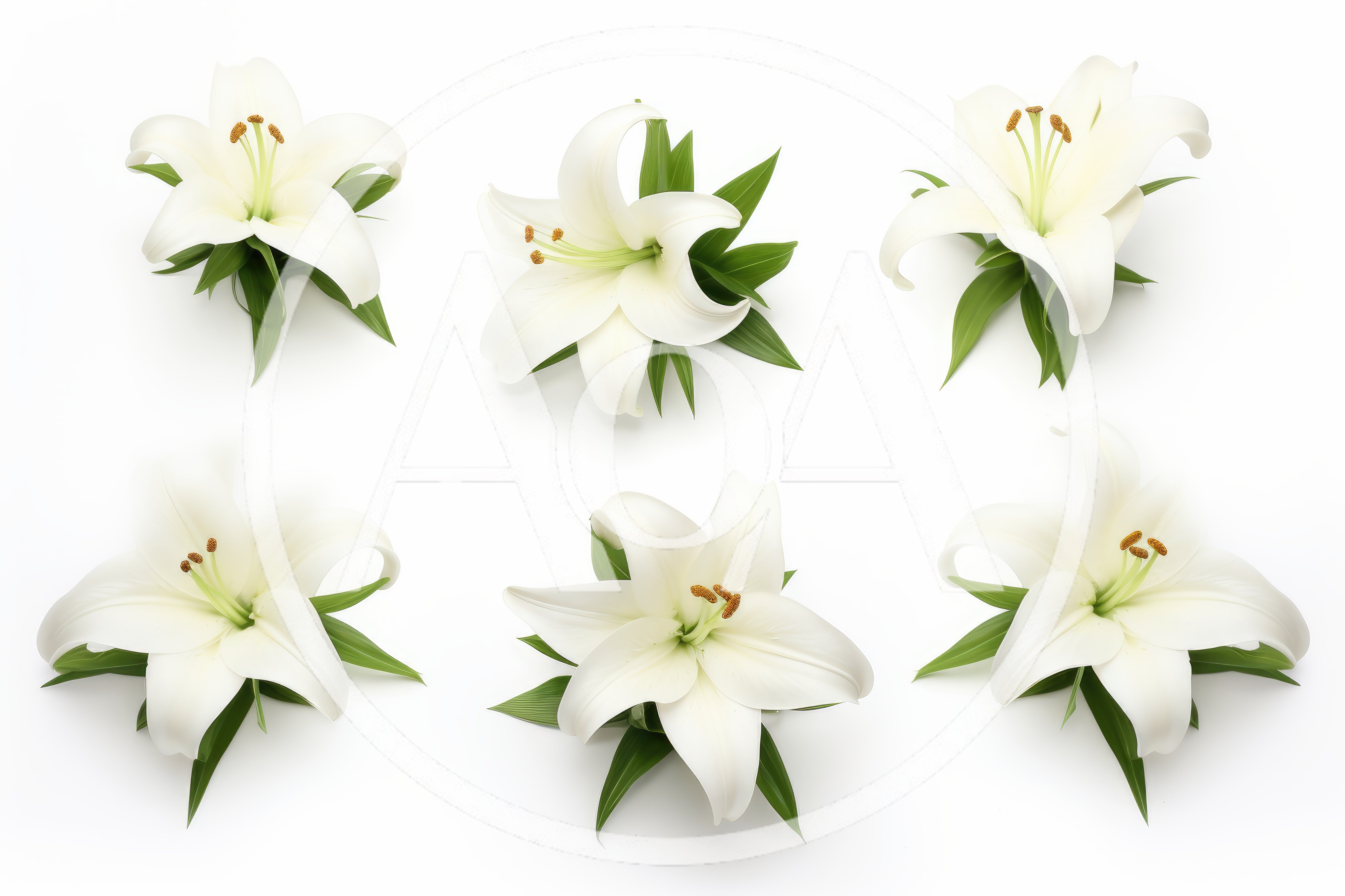 Six White Lily Flowers Isolated On White Background