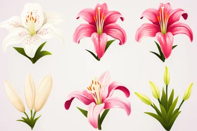 Set Of Beautiful Lily Flowers And Buds