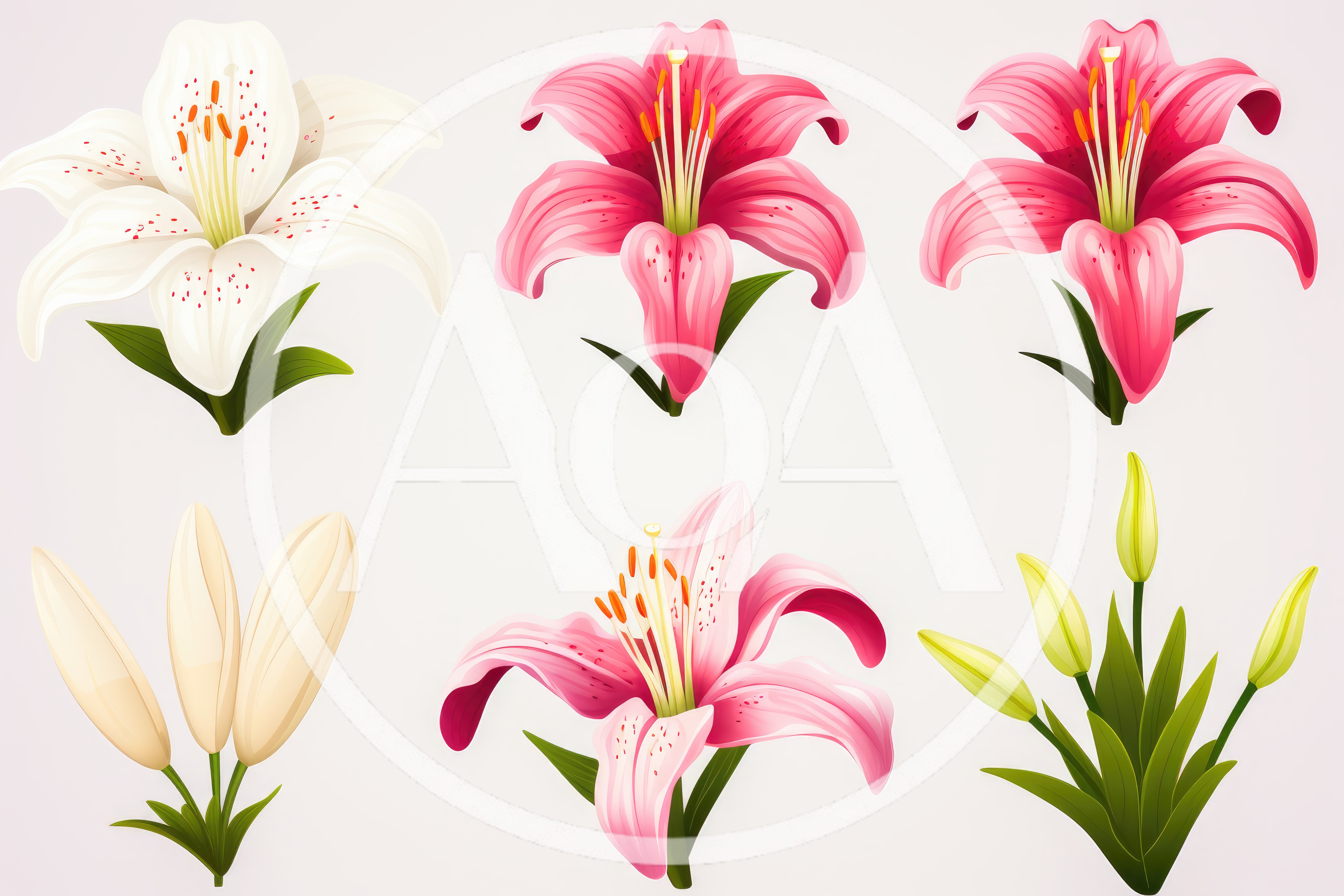 Set Of Beautiful Lily Flowers And Buds