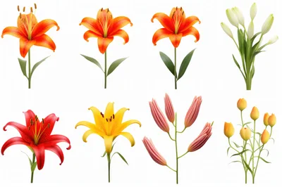 Collection Of Various Lily Flowers On White Background