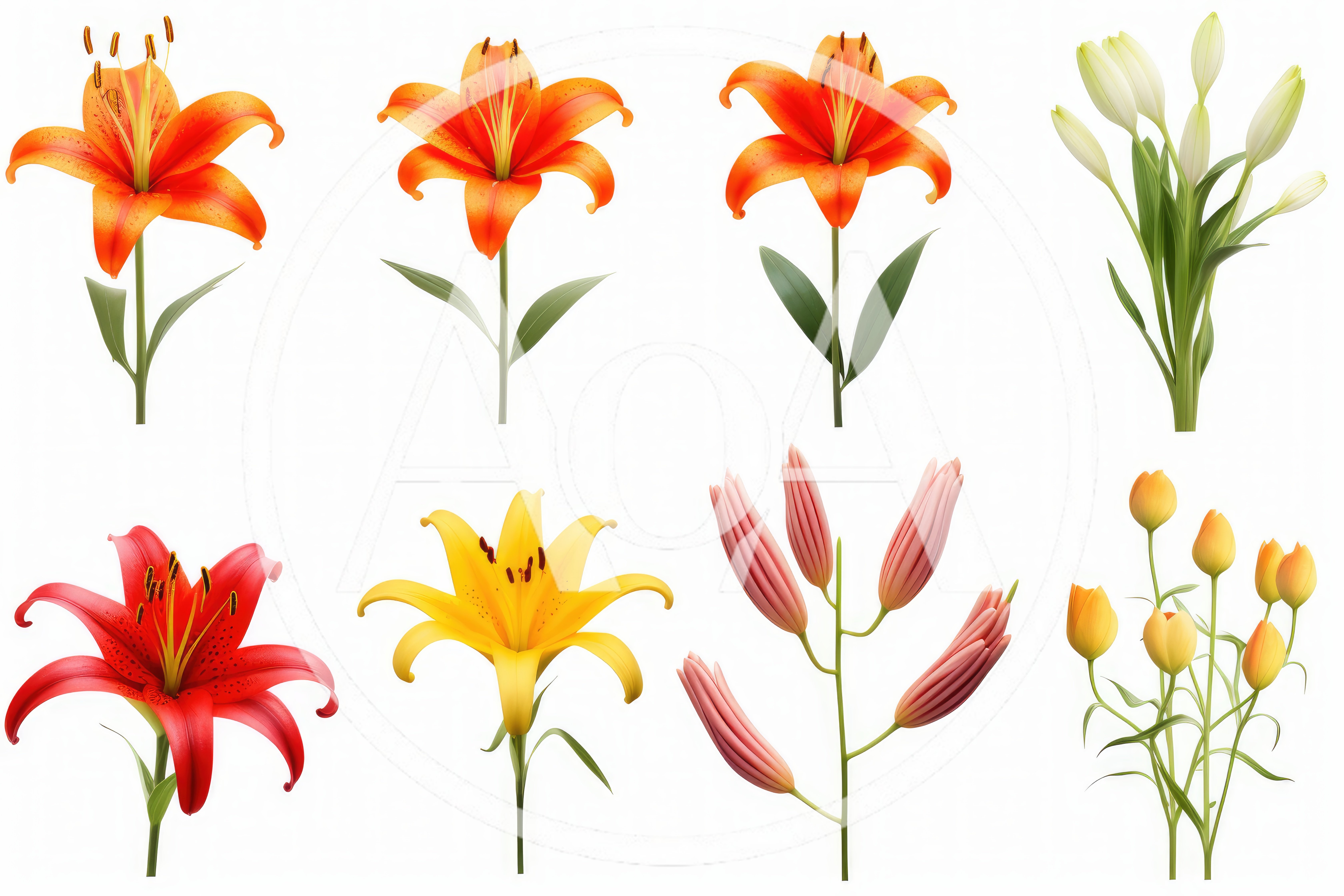 Collection Of Various Lily Flowers On White Background