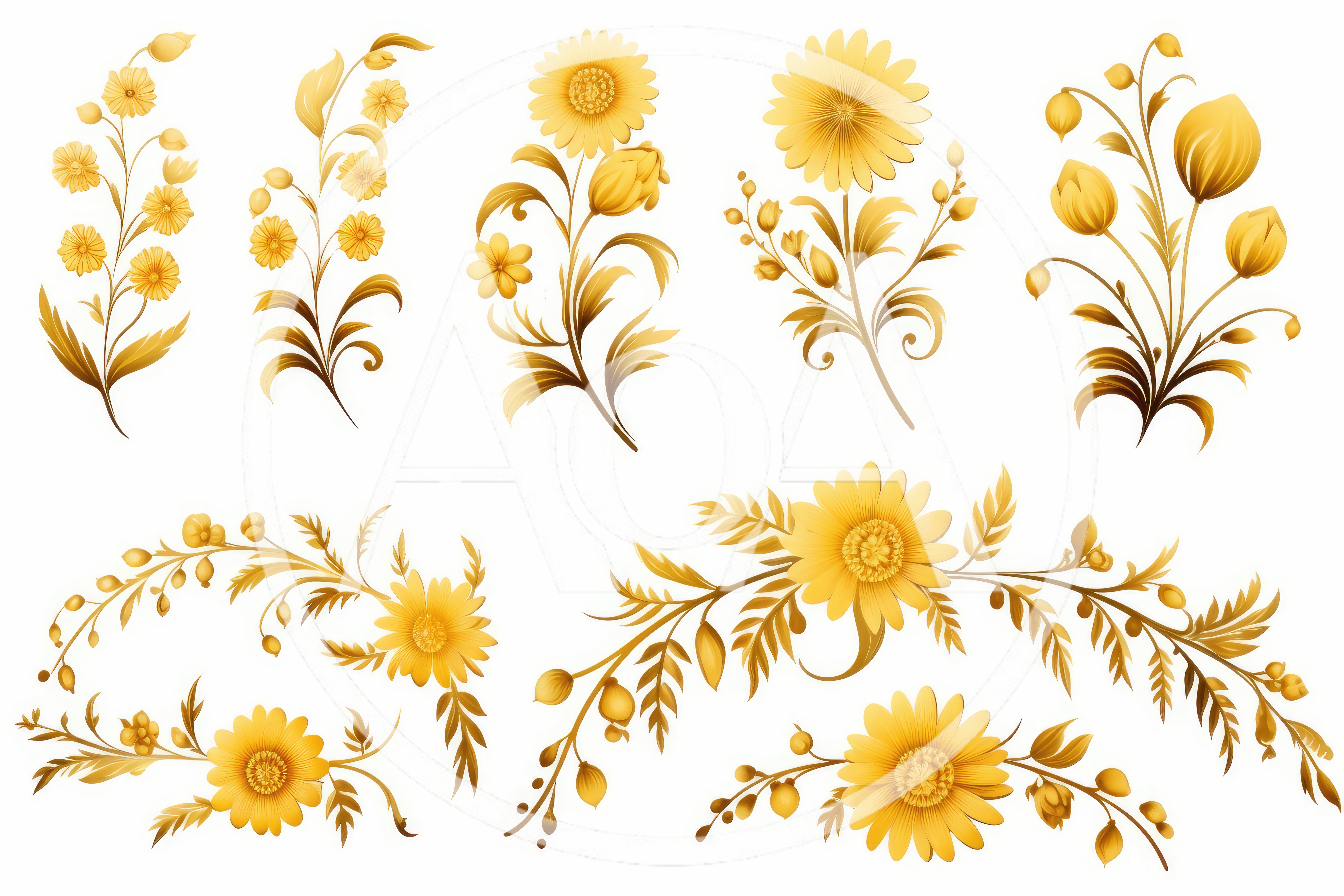 Set of Golden Floral Decorative Elements